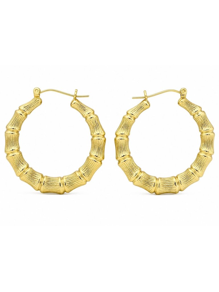 Bamboo Hoop Earrings Solid 10k Yellow Gold